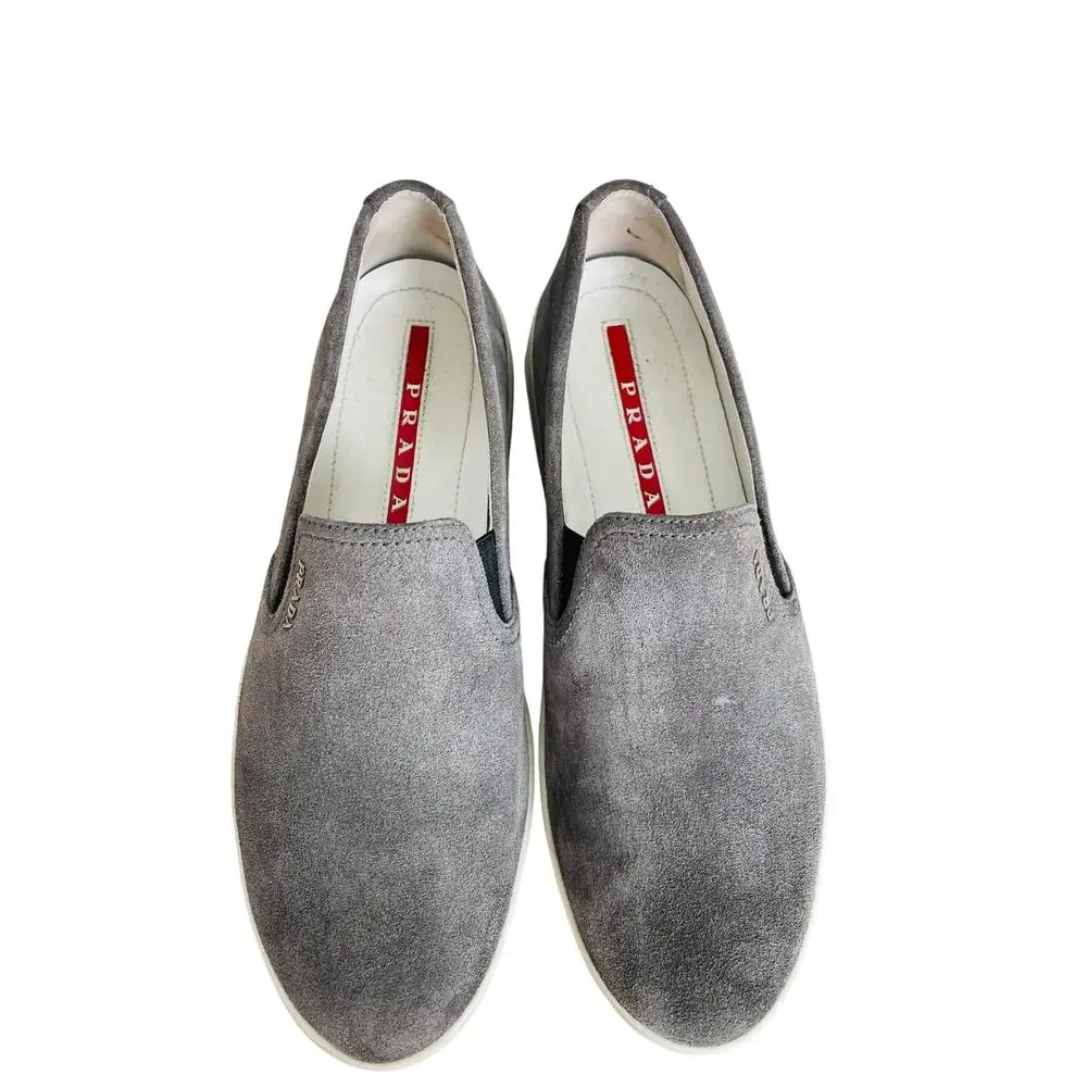 Prada Gray Suede Slip On Sneakers Womens 7 Leather Lined